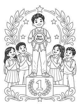 A smiling boy celebrates with a self esteem coloring page award alongside supportive classmates.