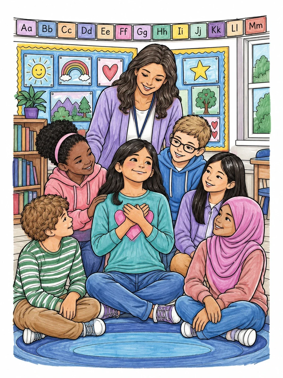 Colored example of the Supportive Elementary Classroom Circle coloring page