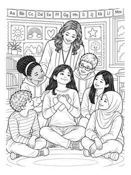 Students and a teacher sharing encouragement in this self esteem coloring page.