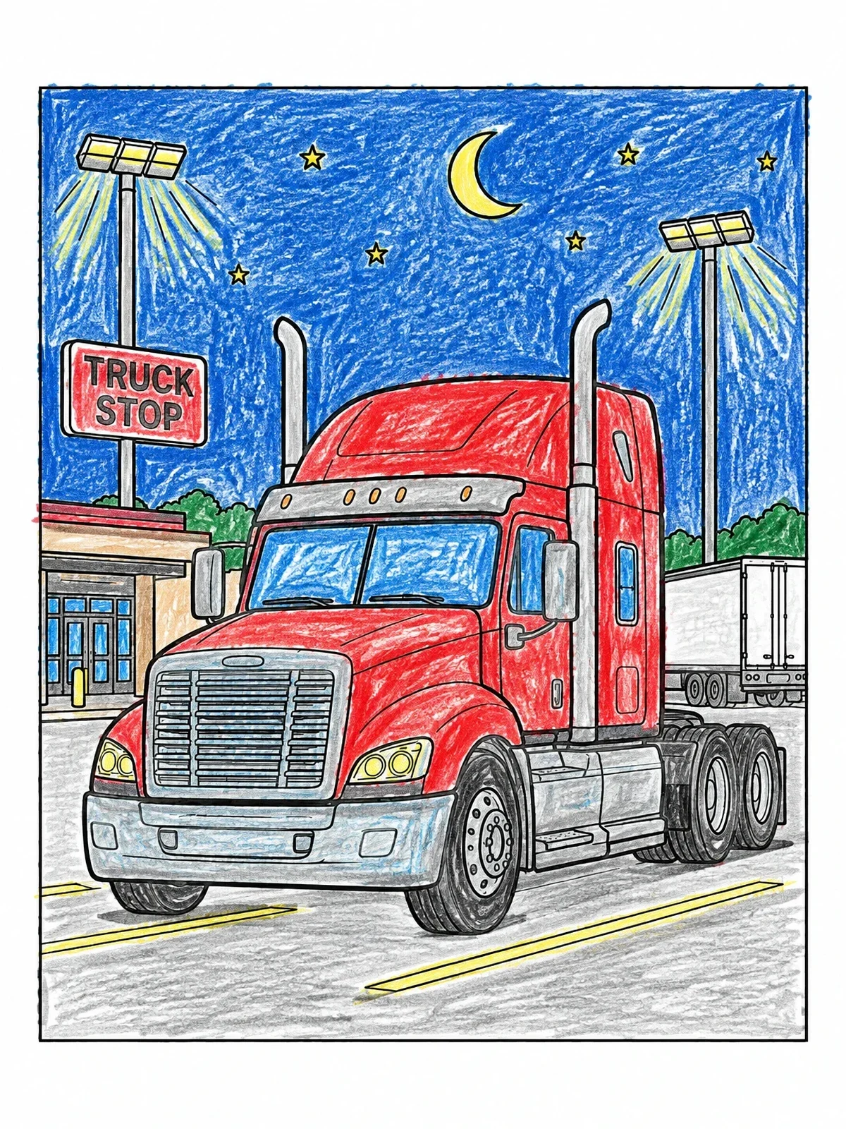 Colored example of the Semi Truck At Nighttime Truck Stop coloring page