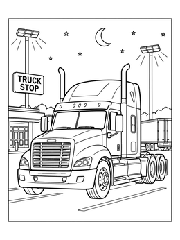 A modern semi truck parked under bright lights at night in this truck coloring page.