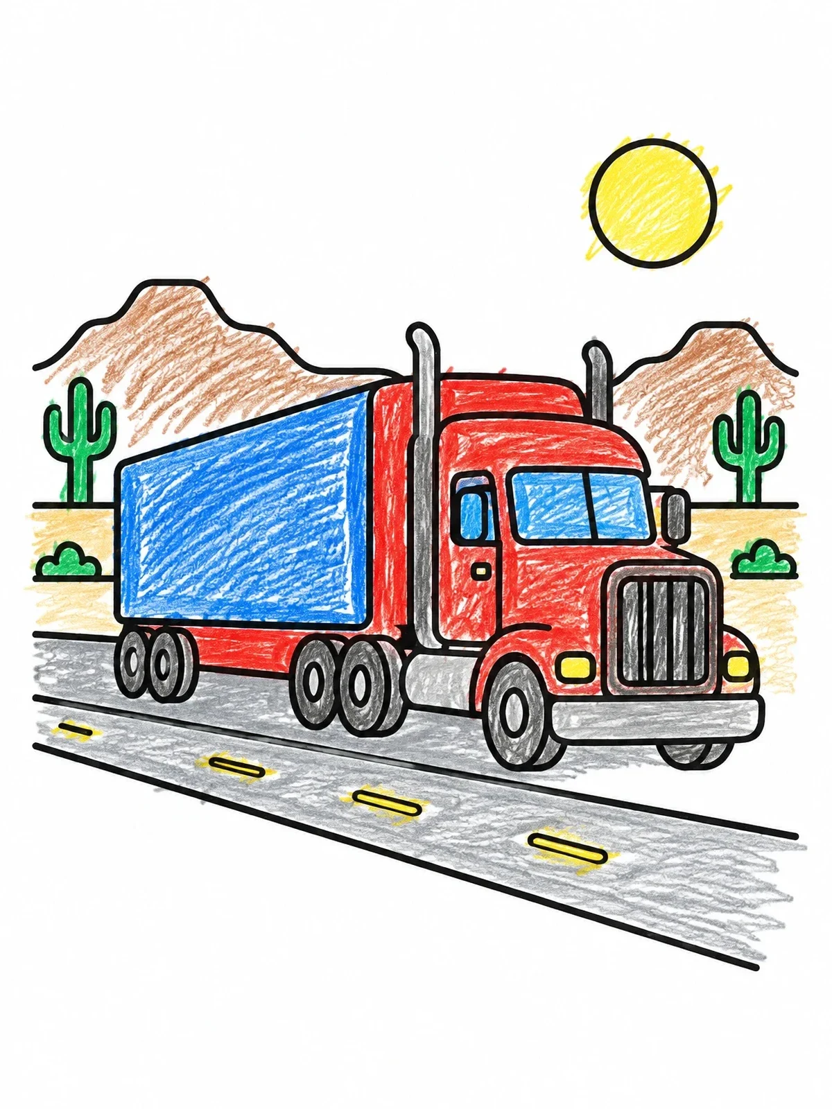 Colored example of the Semi Truck Driving Through Desert coloring page