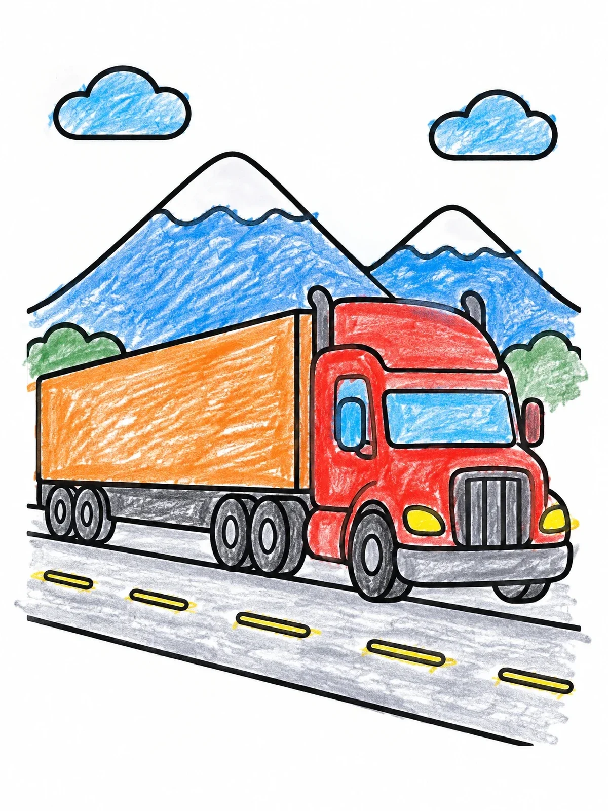 Colored example of the Semi Truck On The Mountain Highway coloring page