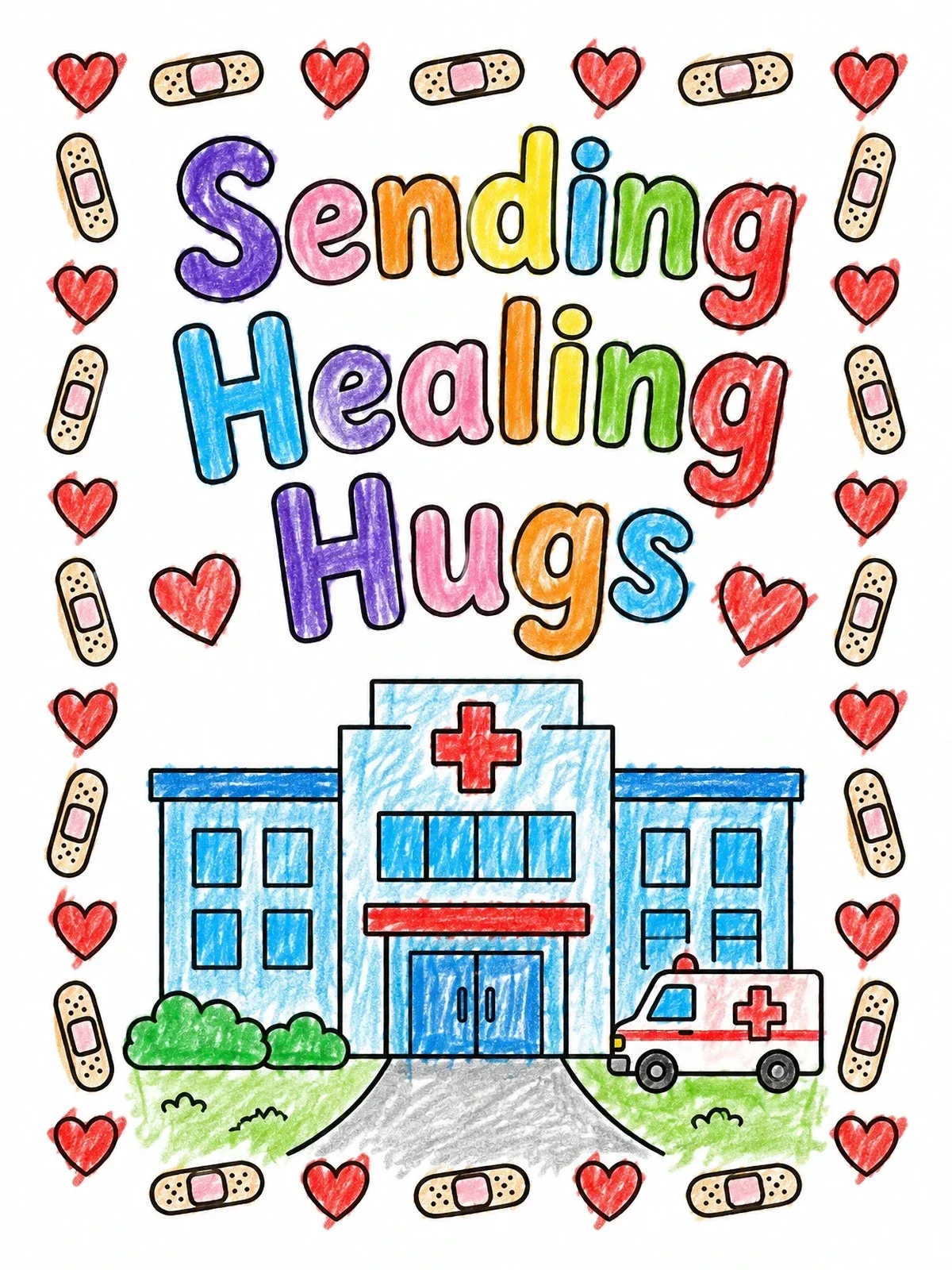 Colored example of the Hospital With Healing Hugs Message coloring page