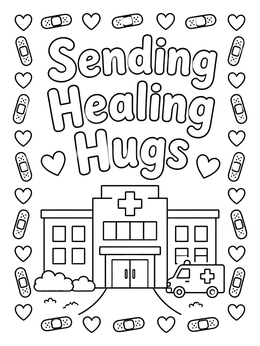 Free printable Hospital With Healing Hugs Message coloring page