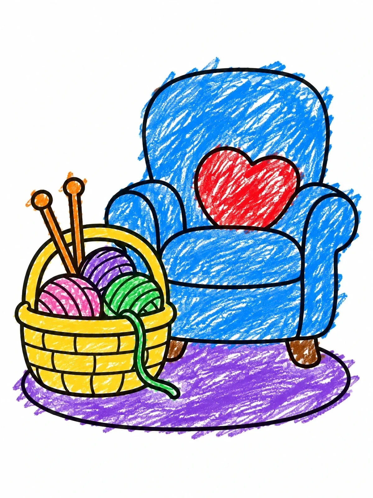 Colored example of the Cozy Armchair And Knitting Basket coloring page
