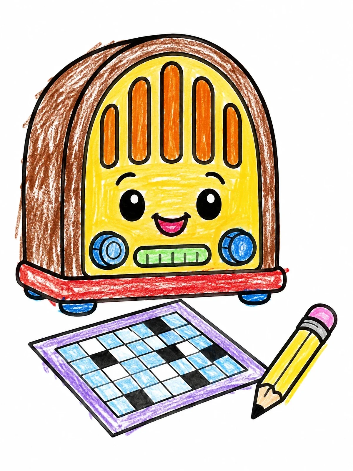 Colored example of the Cute Retro Radio And Crossword coloring page