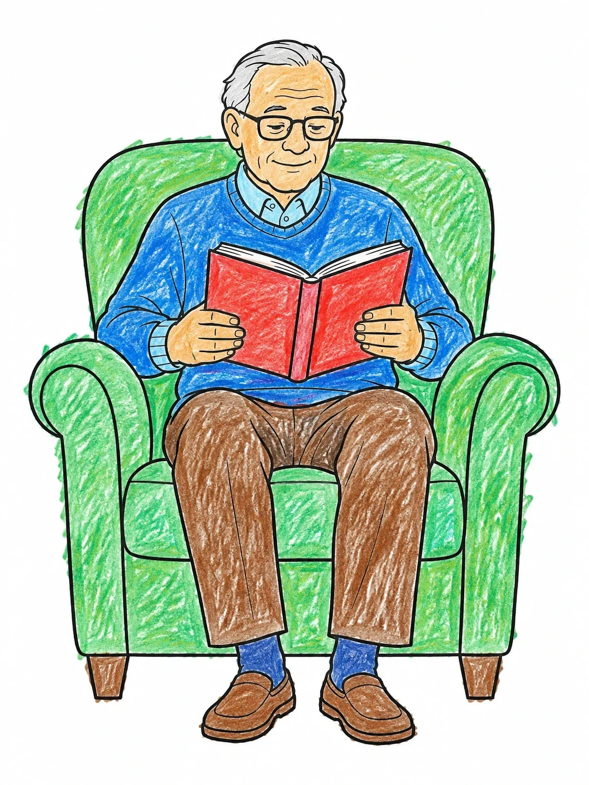 Colored example of the Elderly Man Reading In Armchair coloring page
