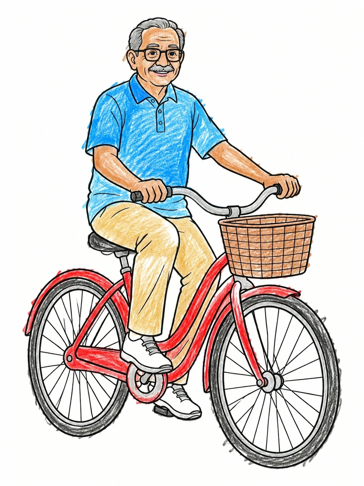 Colored example of the Elderly Man Riding A Cruiser Bicycle coloring page