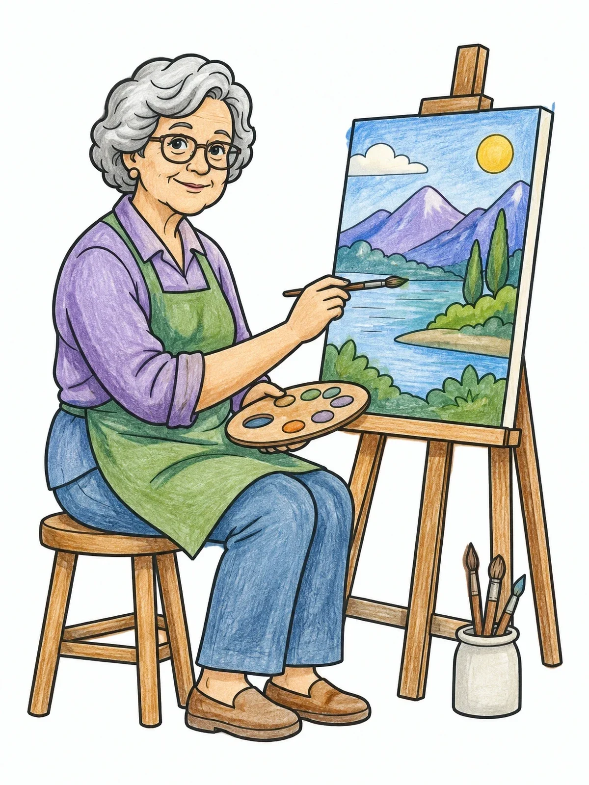 Colored example of the Elderly Woman Painting A Landscape Canvas coloring page