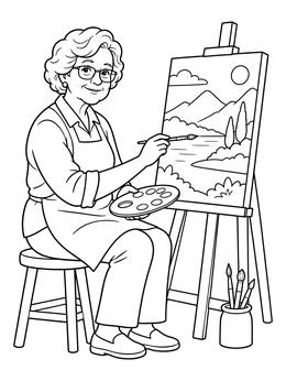 An elderly artist paints outdoors in this senior coloring page.