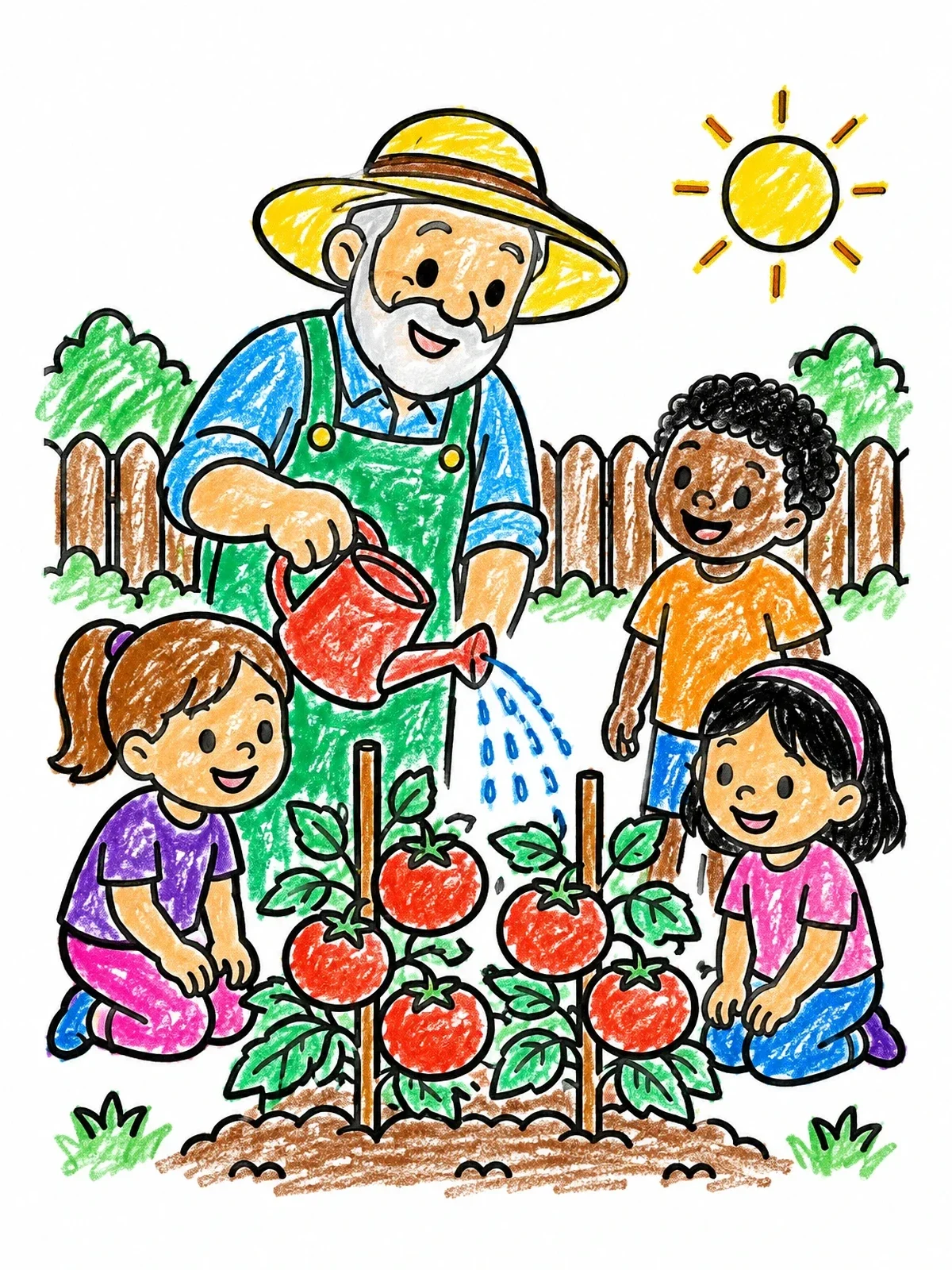 Colored example of the Grandfather Gardening With Children coloring page