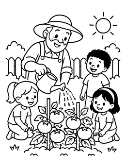 Free printable Grandfather Gardening With Children coloring page