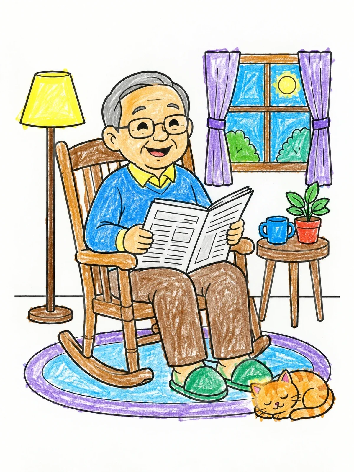 Colored example of the Grandfather Reading In Rocking Chair coloring page