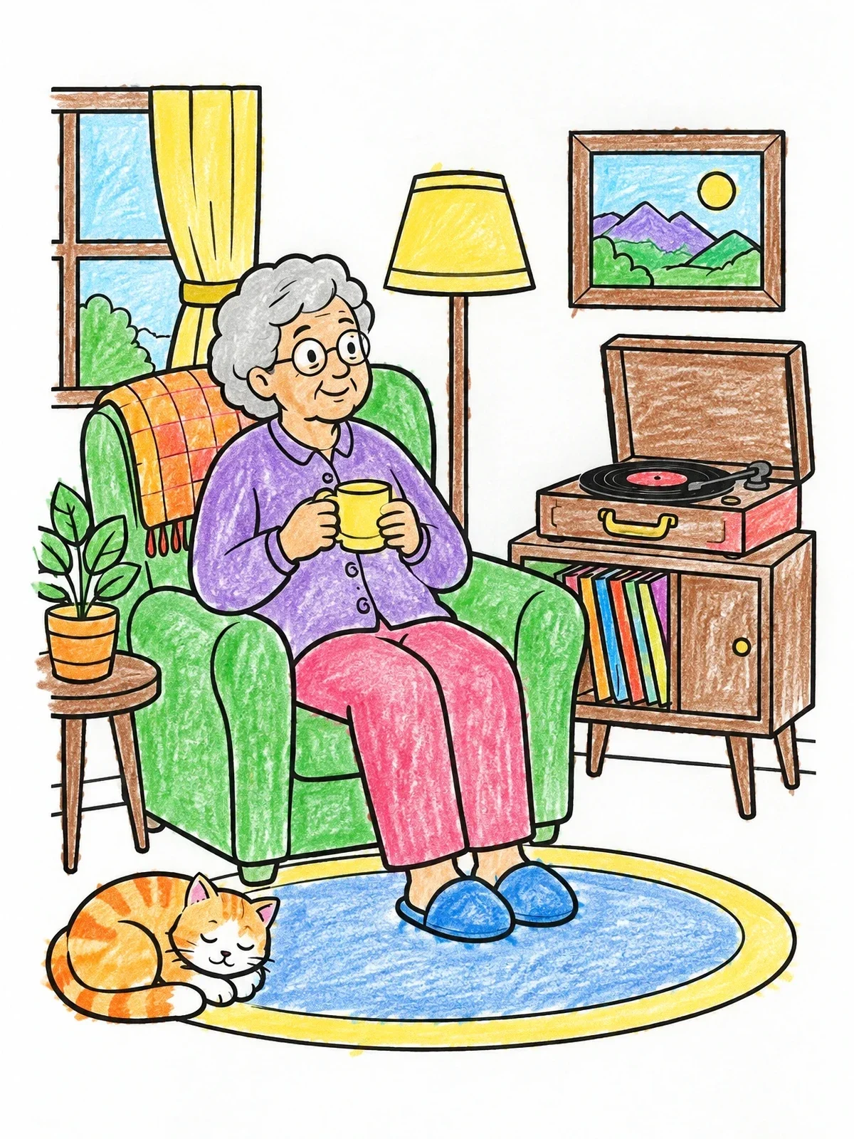 Colored example of the Cozy Grandmother Listening To Music coloring page