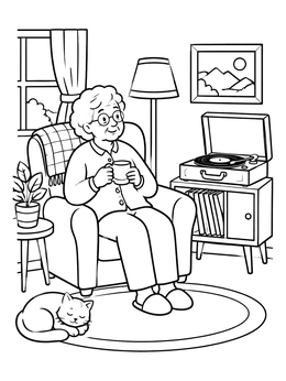 Free printable Cozy Grandmother Listening To Music coloring page