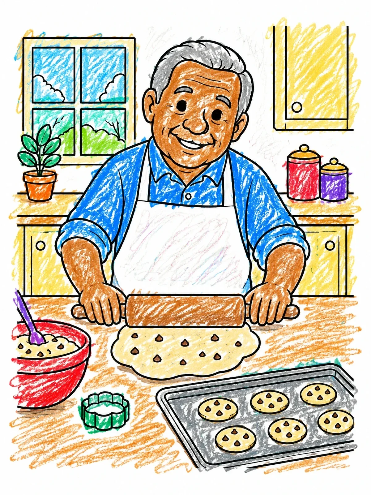 Colored example of the Grandpa Baking Chocolate Chip Cookies coloring page