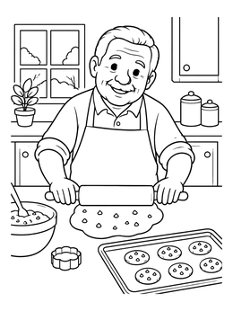 Free printable Grandpa Baking Chocolate Chip Cookies coloring page