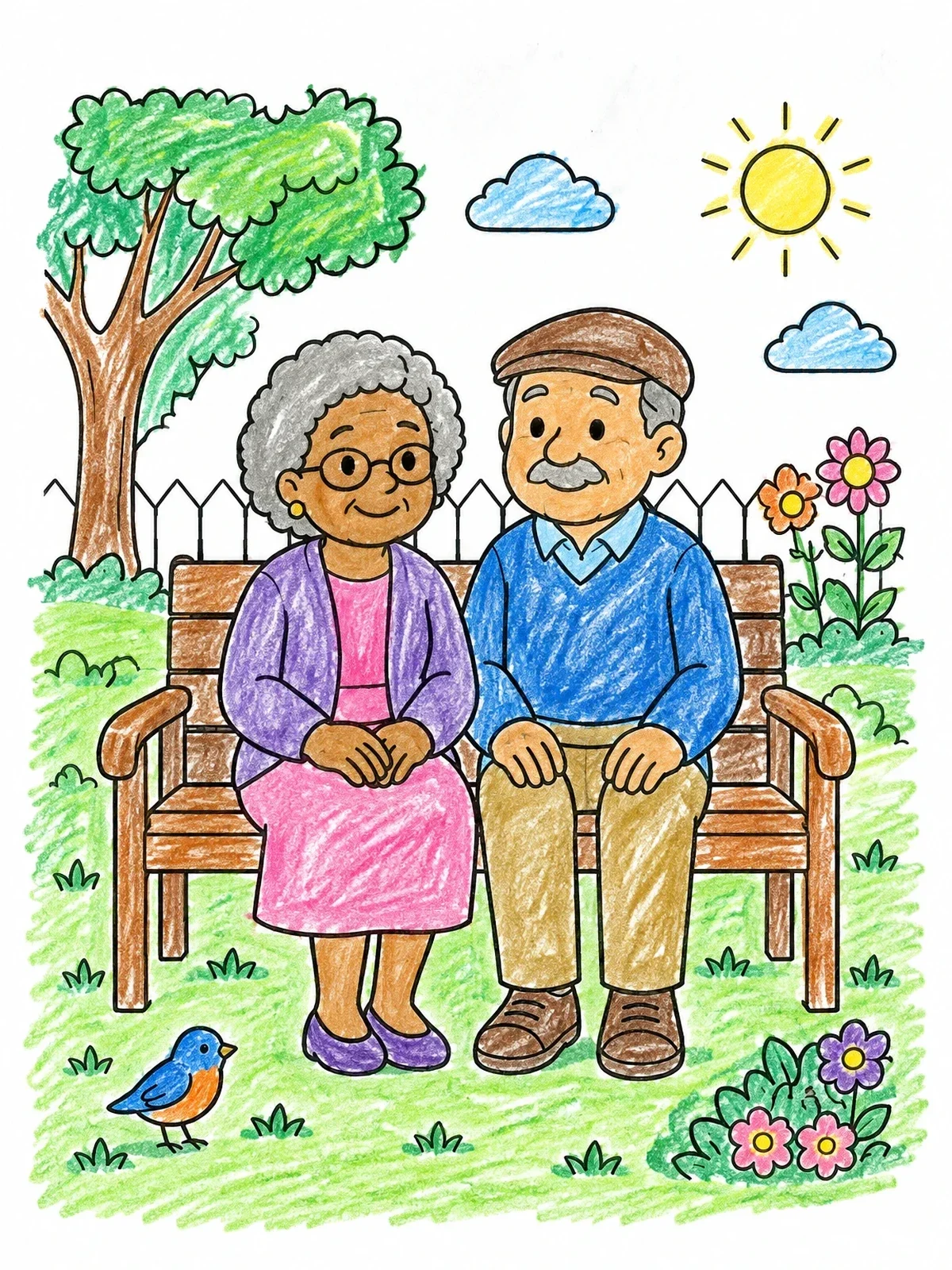Colored example of the Grandparents Relaxing On A Garden Bench coloring page