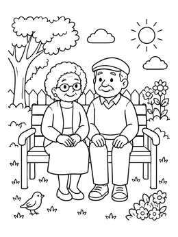 Free printable Grandparents Relaxing On A Garden Bench coloring page