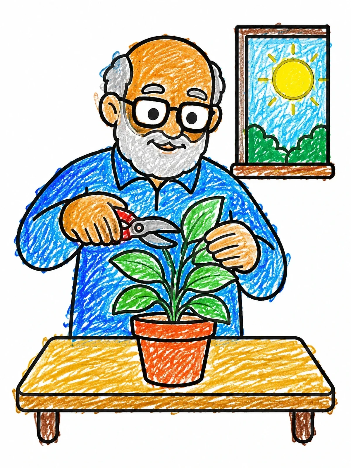 Colored example of the Elderly Man Pruning A Potted Plant coloring page