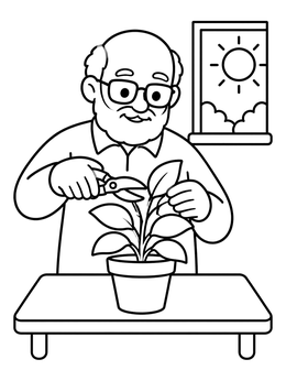 Free printable Elderly Man Pruning A Potted Plant coloring page