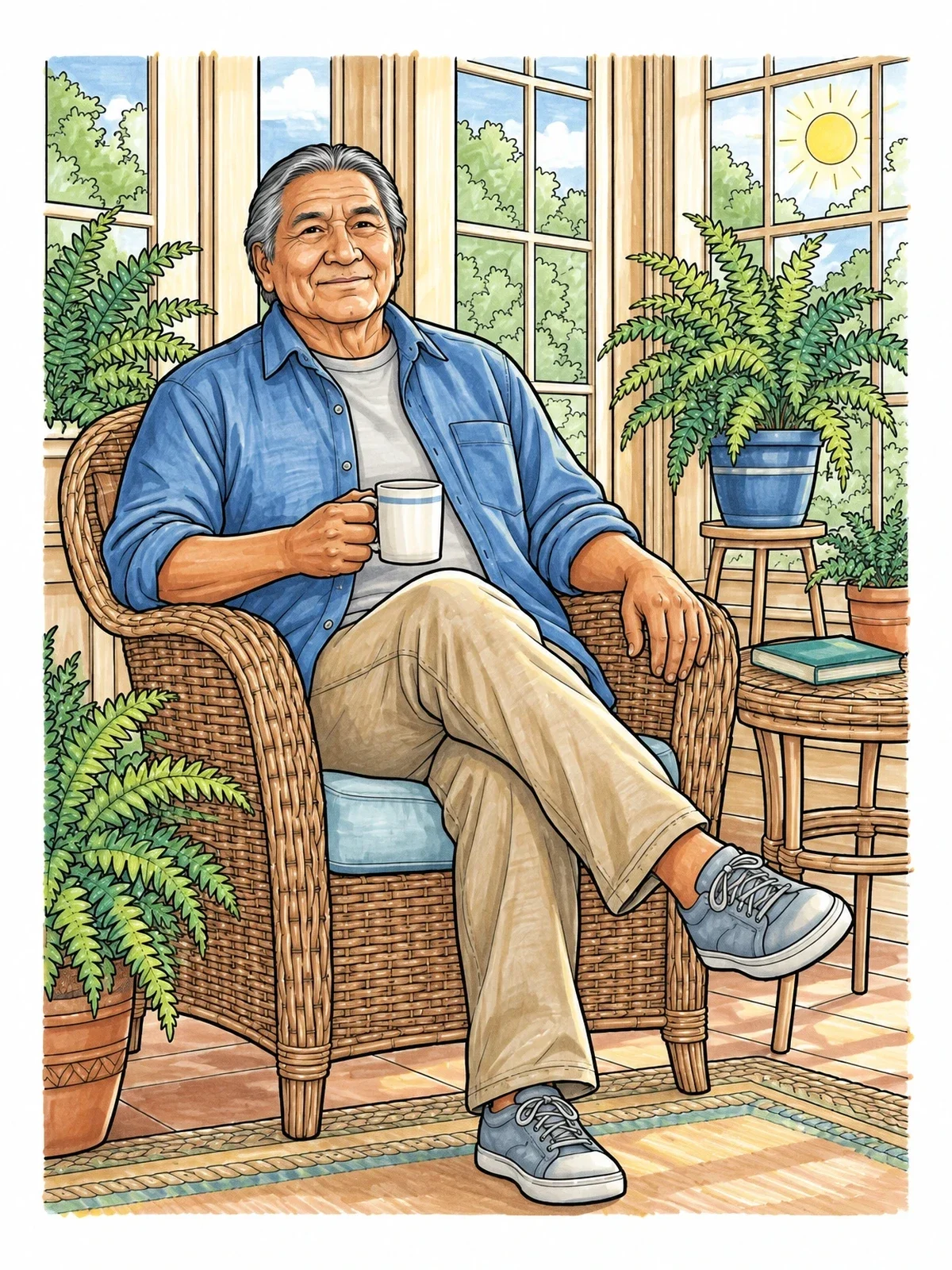Colored example of the Relaxing In The Sunroom coloring page