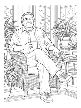 An older man resting in a wicker chair features in this senior coloring page.