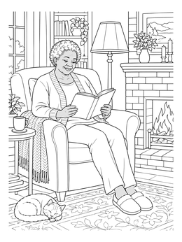 An elderly woman reads peacefully in this senior coloring page beside a warm brick fireplace.
