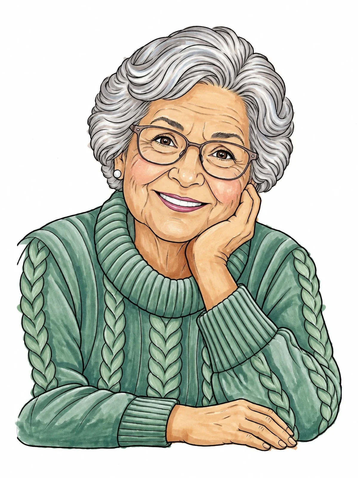 Colored example of the Smiling Elderly Woman In Knit Sweater coloring page