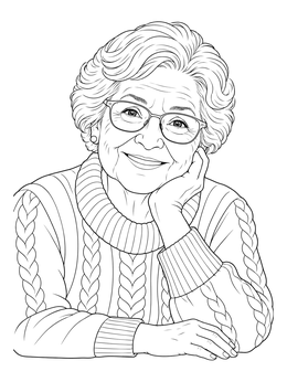 A cheerful senior coloring page showing a smiling grandmother wearing glasses and a cozy knit sweater.