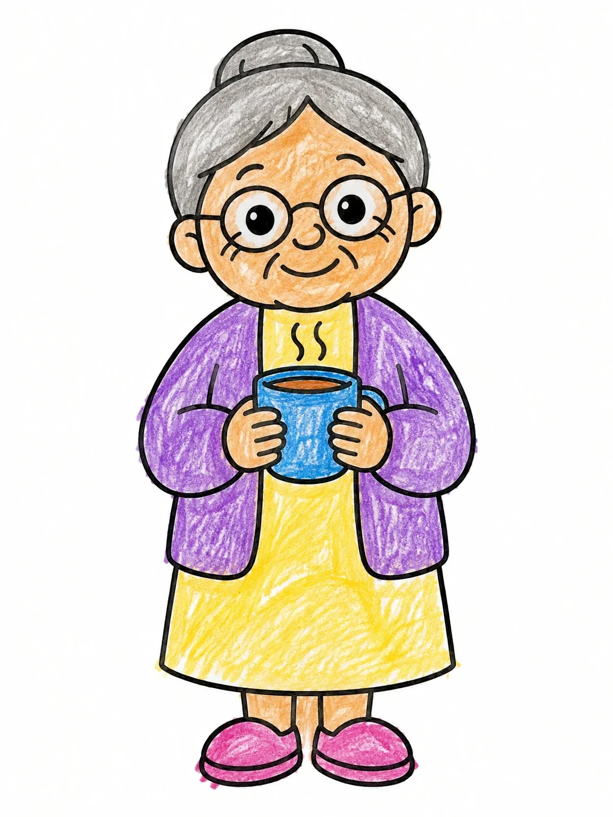 Colored example of the Smiling Grandmother With Warm Mug coloring page