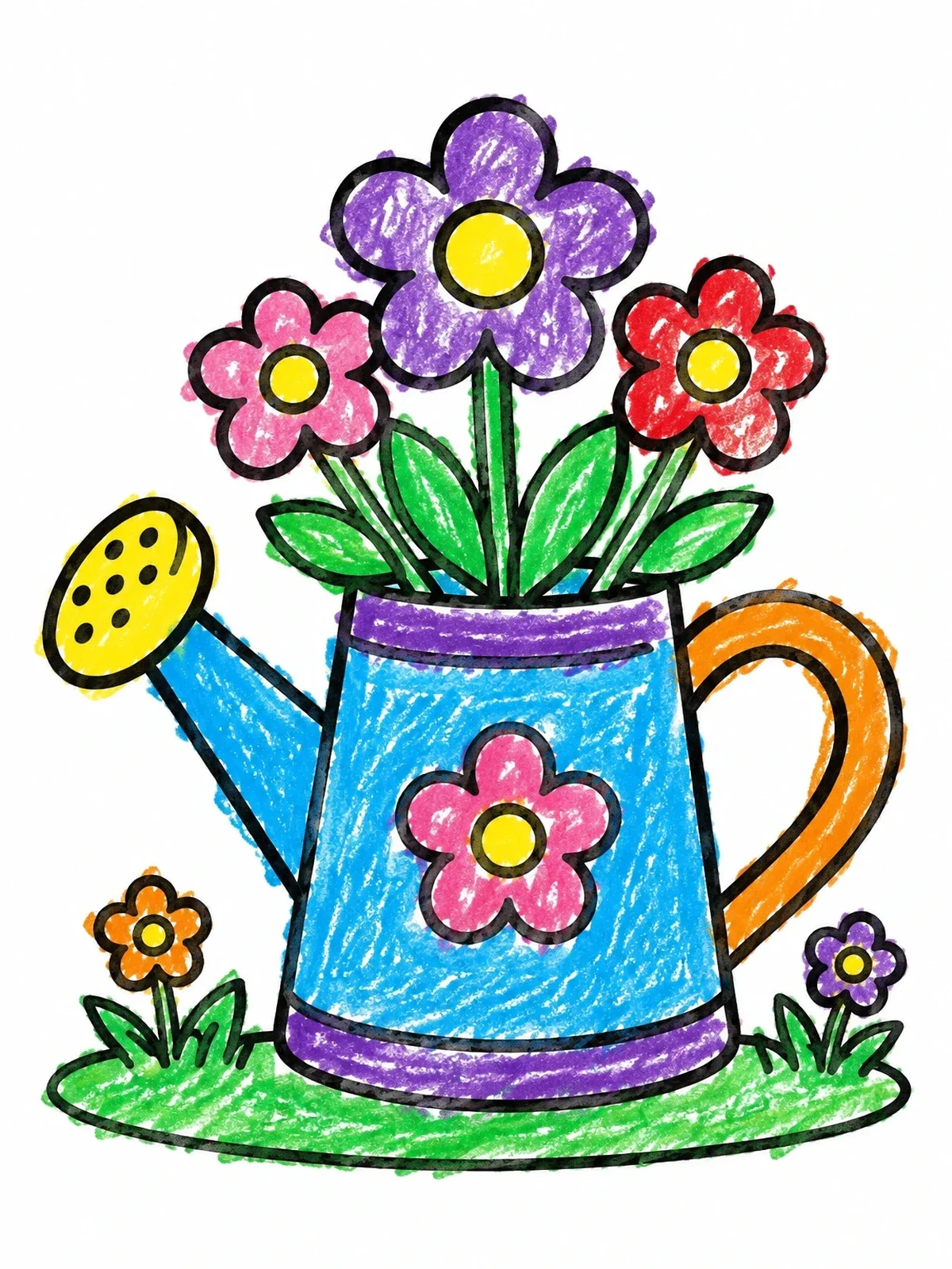 Colored example of the Watering Can With Blooming Garden Flowers coloring page