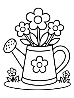 Free printable Watering Can With Blooming Garden Flowers coloring page