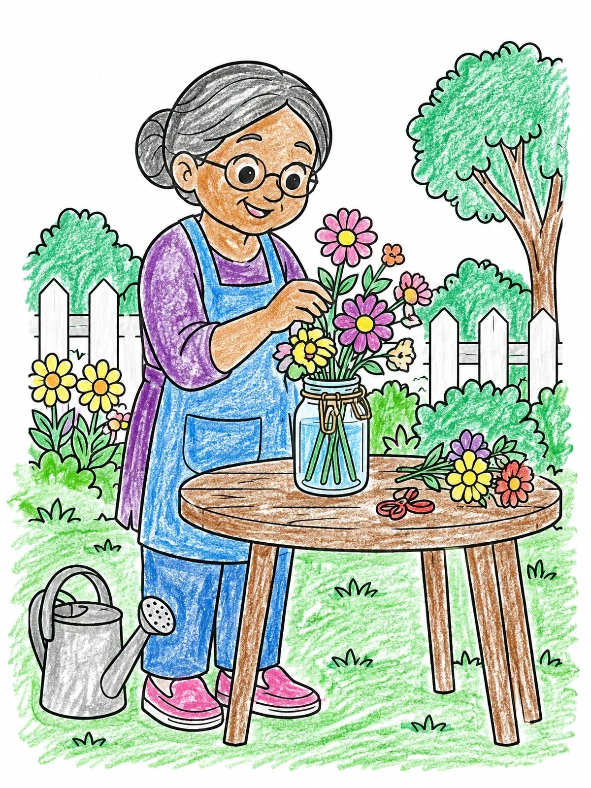 Colored example of the Elderly Woman Arranging Garden Flowers coloring page
