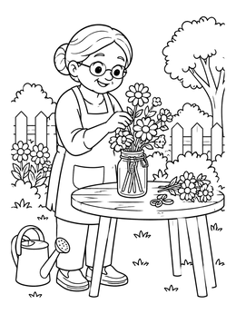 Free printable Elderly Woman Arranging Garden Flowers coloring page
