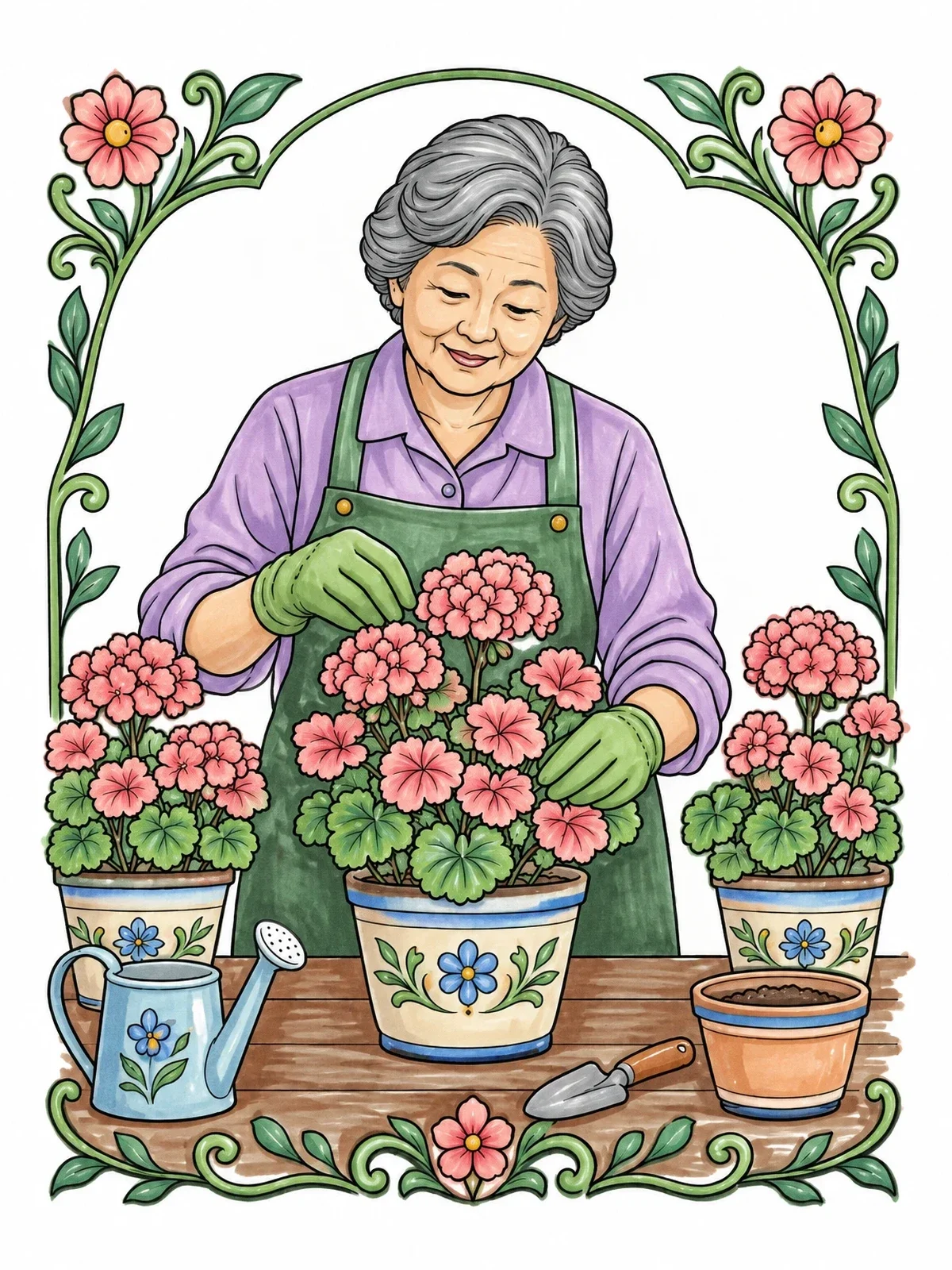 Colored example of the Elderly Woman Tending Potted Flowers coloring page
