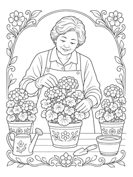 A peaceful senior coloring page featuring an older woman caring for potted geraniums.
