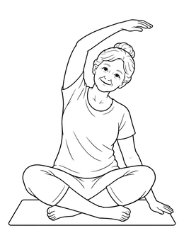A smiling senior coloring page showing an older woman stretching gracefully on a mat.