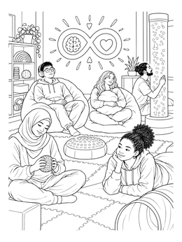 Teens relaxing in a sensory room in this neurodiversity coloring page.