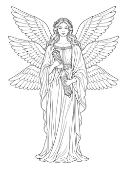 An ornate six-winged angel coloring page holding a tied scroll.