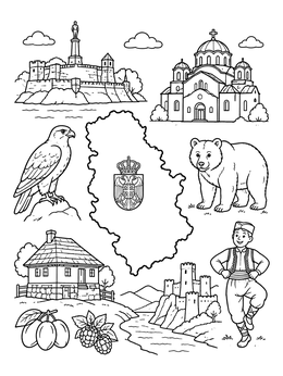 Free printable Serbia Map And Landmarks Collection coloring page