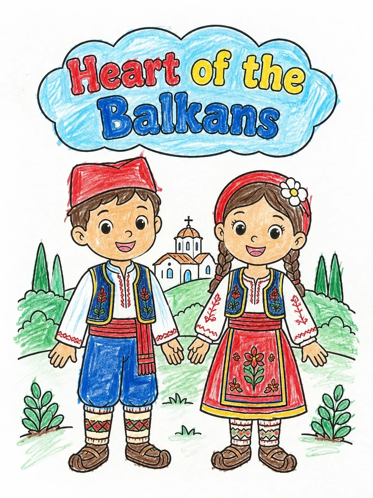 Colored example of the Serbian Children In Traditional Folk Costumes coloring page