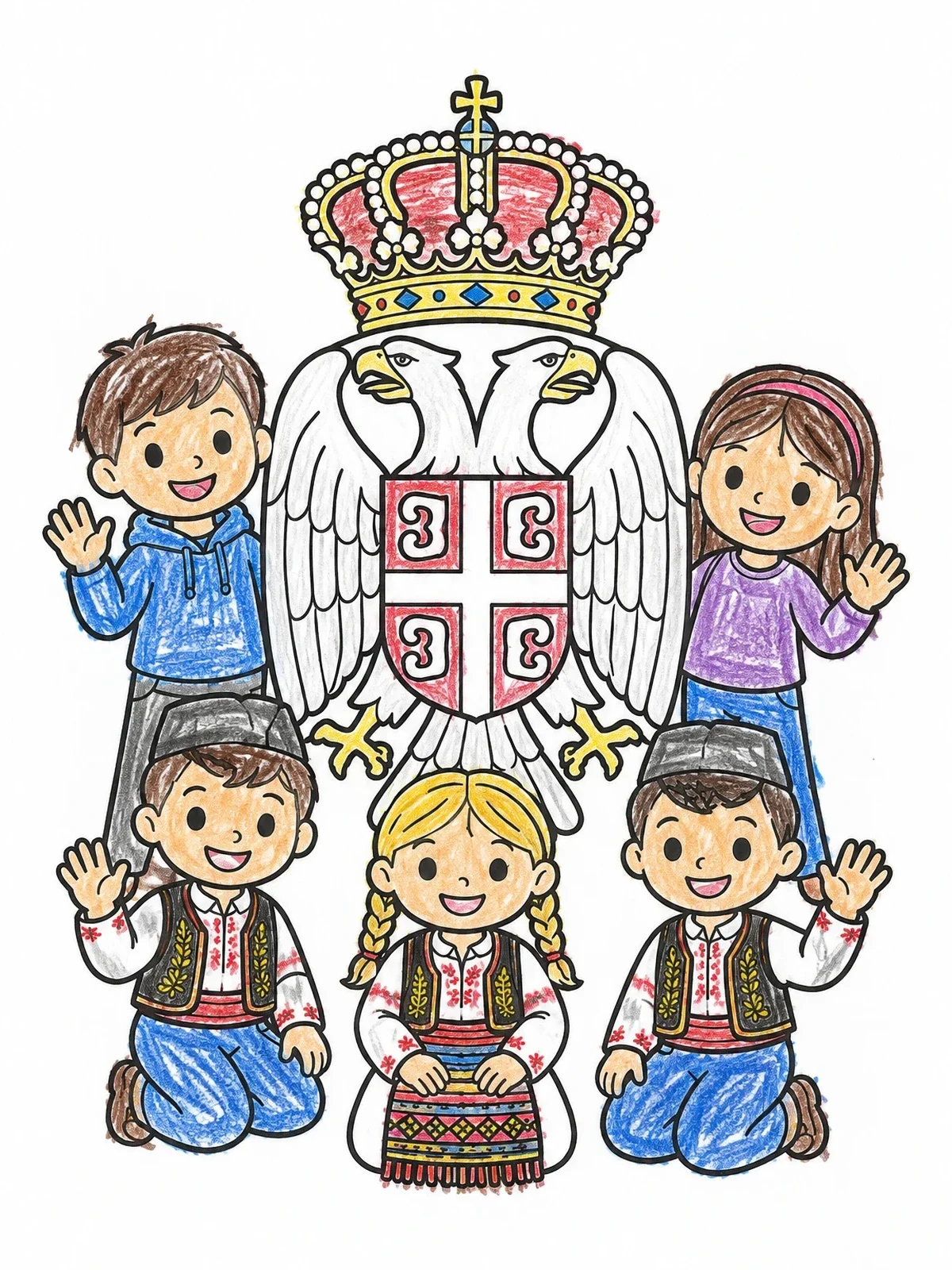 Colored example of the Serbian Coat Of Arms With Children coloring page