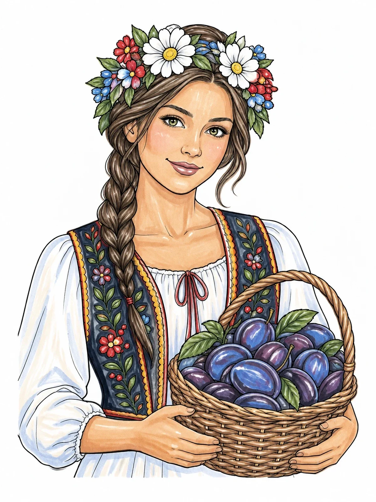Colored example of the Serbian Girl With Plum Basket coloring page