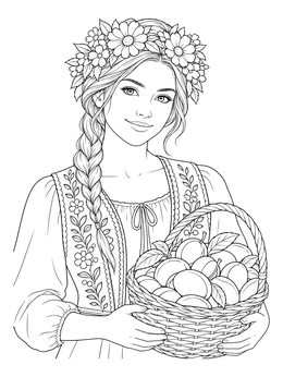 A smiling young Serbian woman holding a basket of fruit in this serbia coloring page.