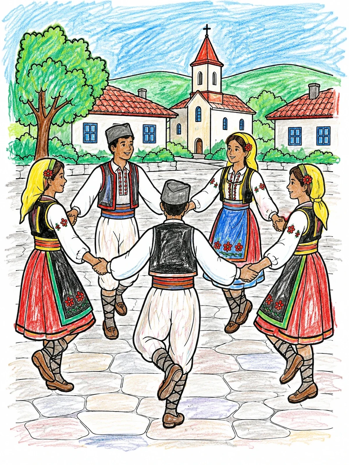 Colored example of the Serbian Kolo Folk Dance Circle coloring page