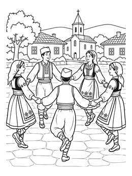 Dancers in traditional attire perform a circle dance in this serbia coloring page.