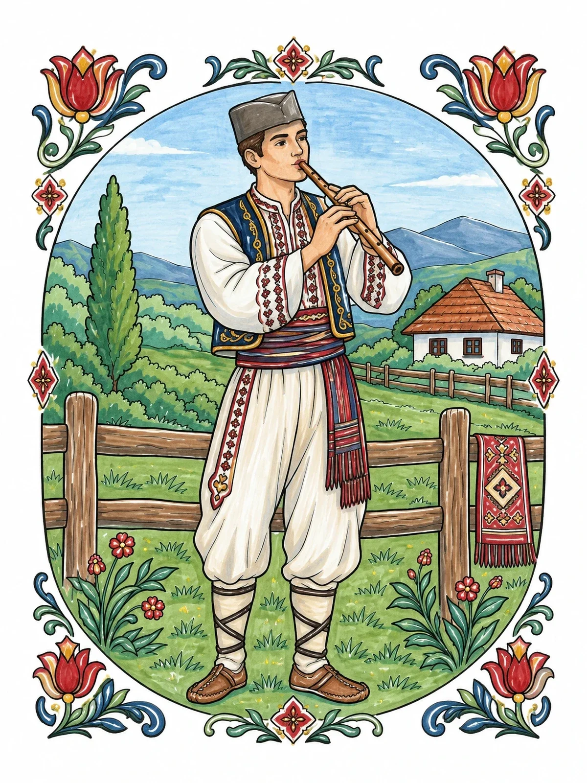 Colored example of the Serbian Musician In Traditional Folk Attire coloring page