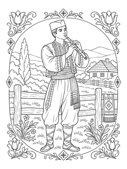 A serbia coloring page showing a musician playing a wooden flute in traditional dress against a rural landscape.